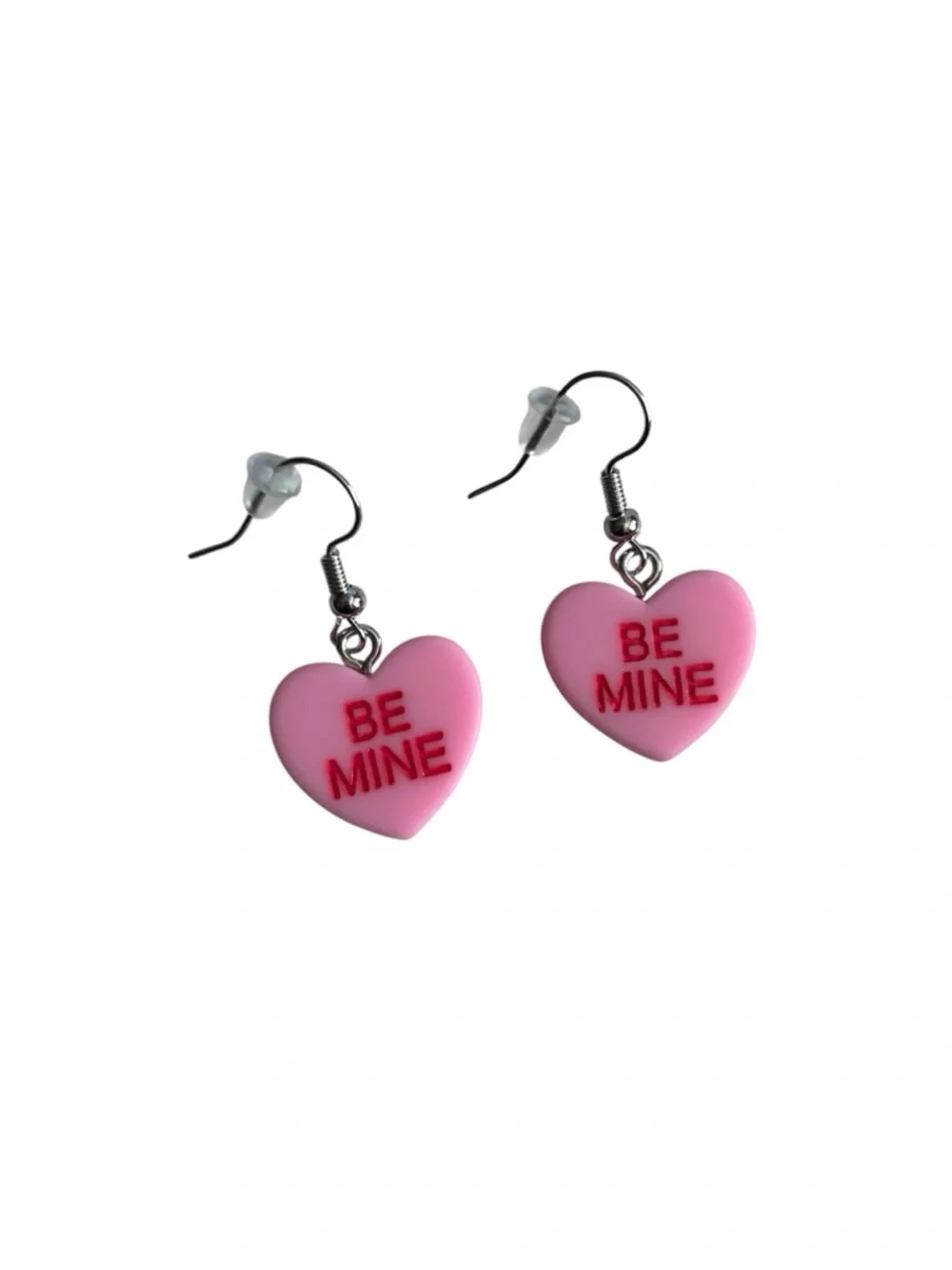 Conversation Hearts Be Mine Drop Dangle Earrings in Pink with Red Lettering
